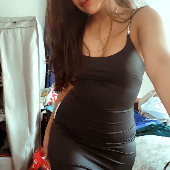 Slim Black Fitted Dress with Rhinestone Straps - Picture 3 of 3